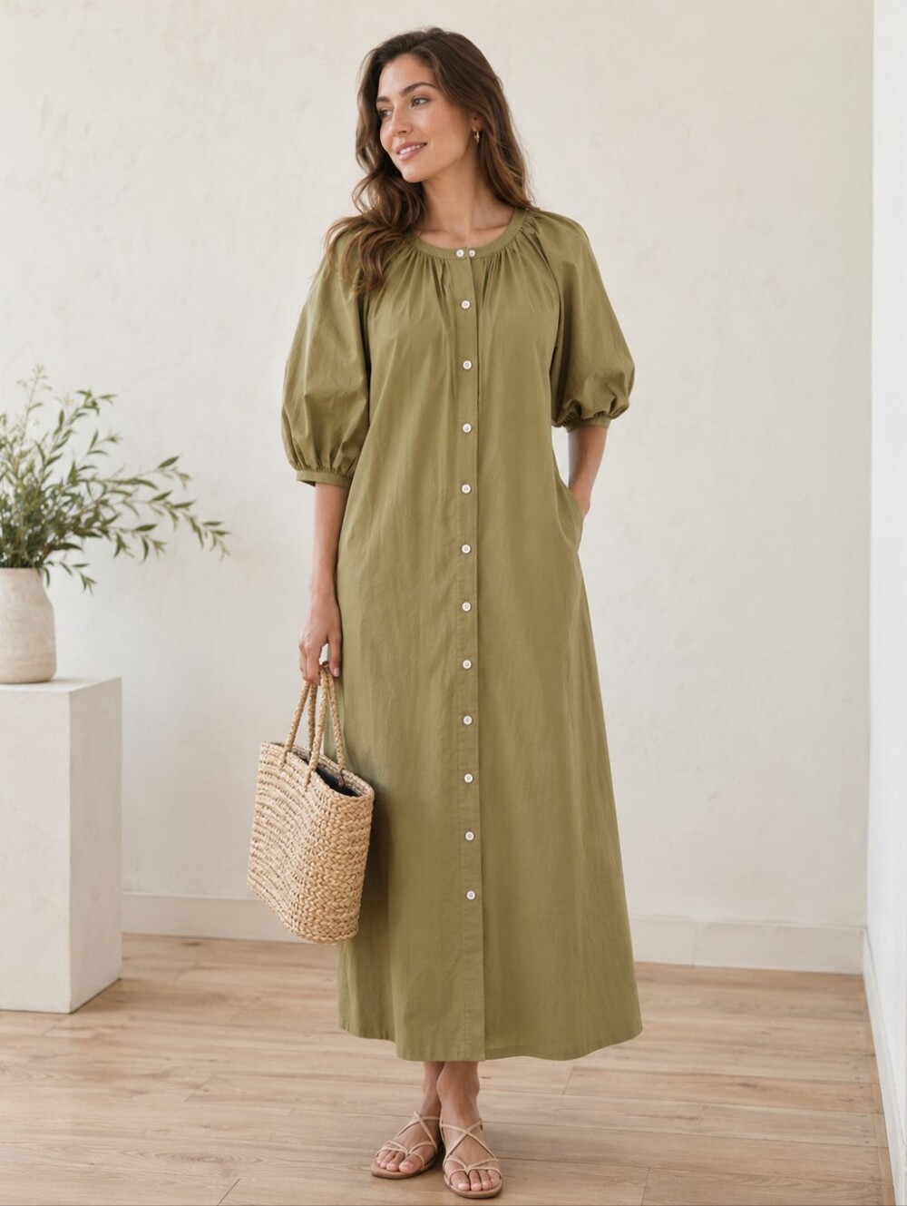 STAUD Vincent Dress Size S Olive Green Cotton Poplin Puff Sleeve Midi Maxi